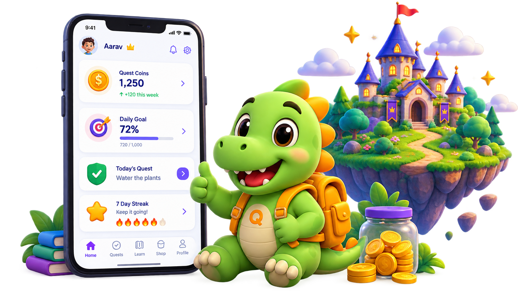 Wise Minds app on phone with mascot and castle world