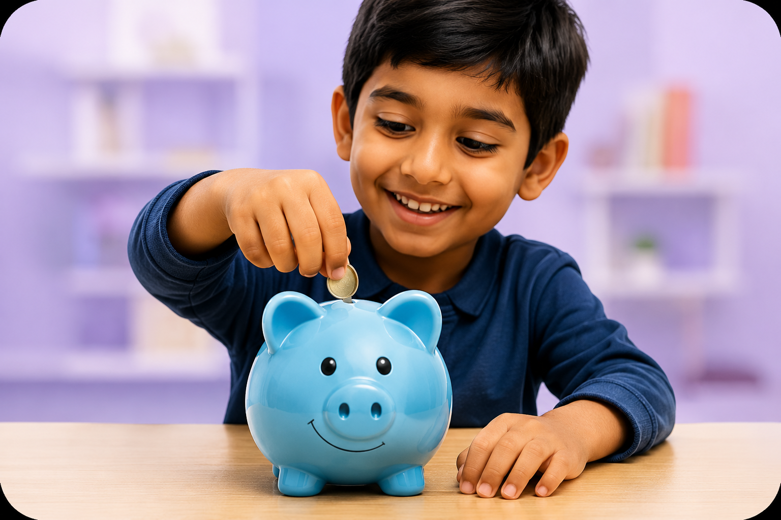 Boy putting a coin in a piggy bank